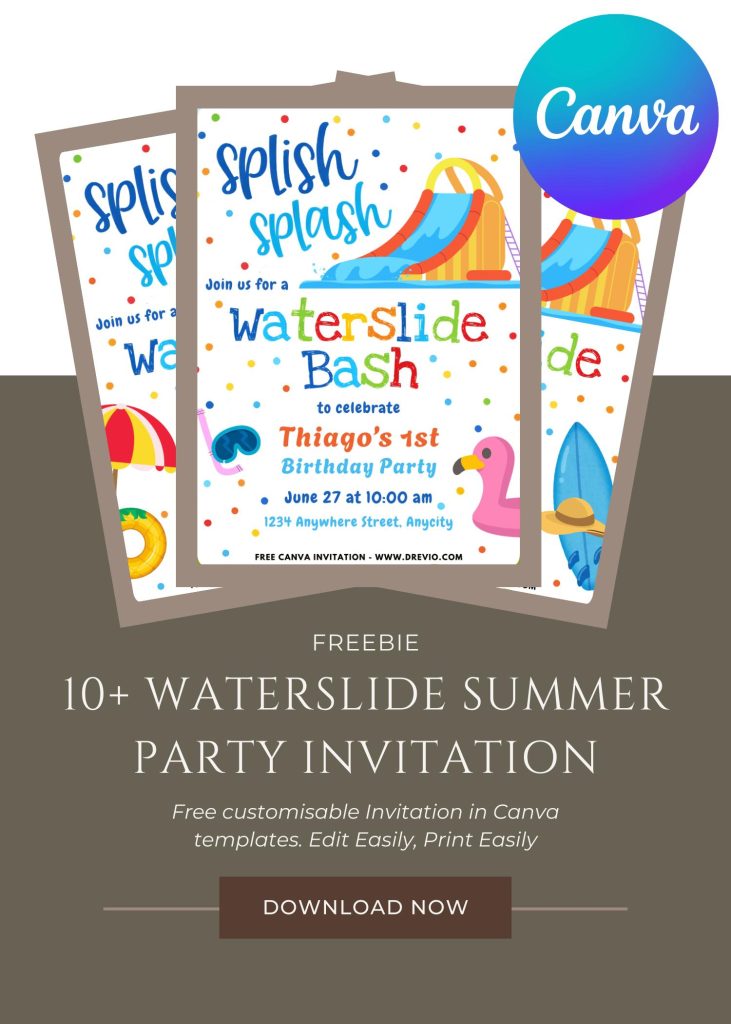 Free and Editable Summer Waterslide Invitation Templates Made in Canva. Customize Online for free