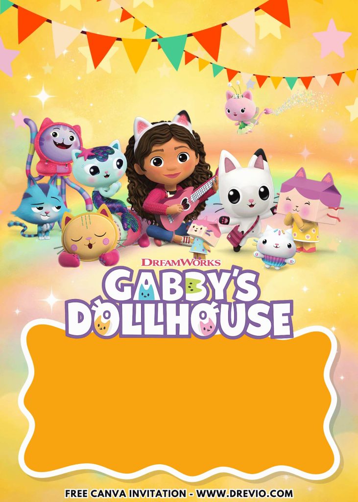 Free and Editable Cute Gabby Dollhouse Movie Invitation Templates Made in Canva. Customize Online for free