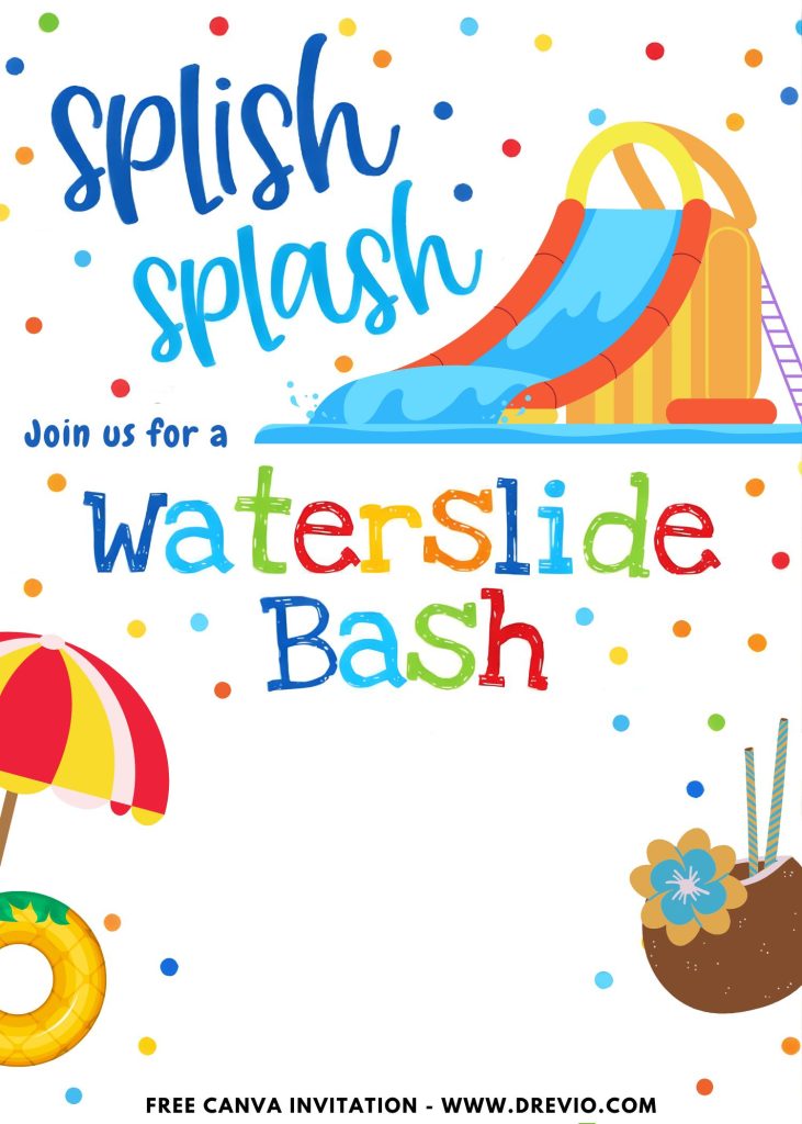 Free and Editable Lovely Summer Waterslide Invitation Templates Made in Canva. Customize Online for free