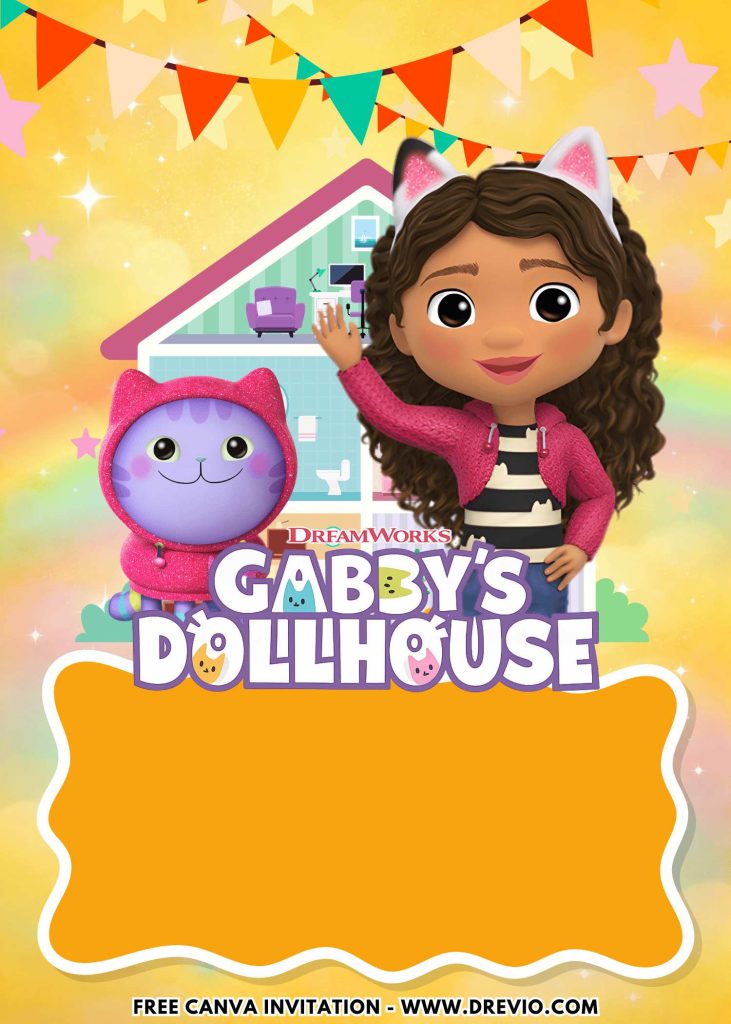 Free and Editable Fun Gabby Dollhouse Movie Invitation Templates Made in Canva. Customize Online for free