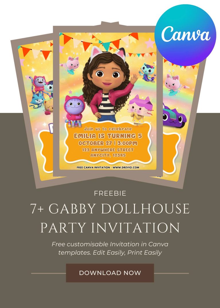 Free and Editable Gabby Dollhouse Movie Invitation Templates Made in Canva. Customize Online for free