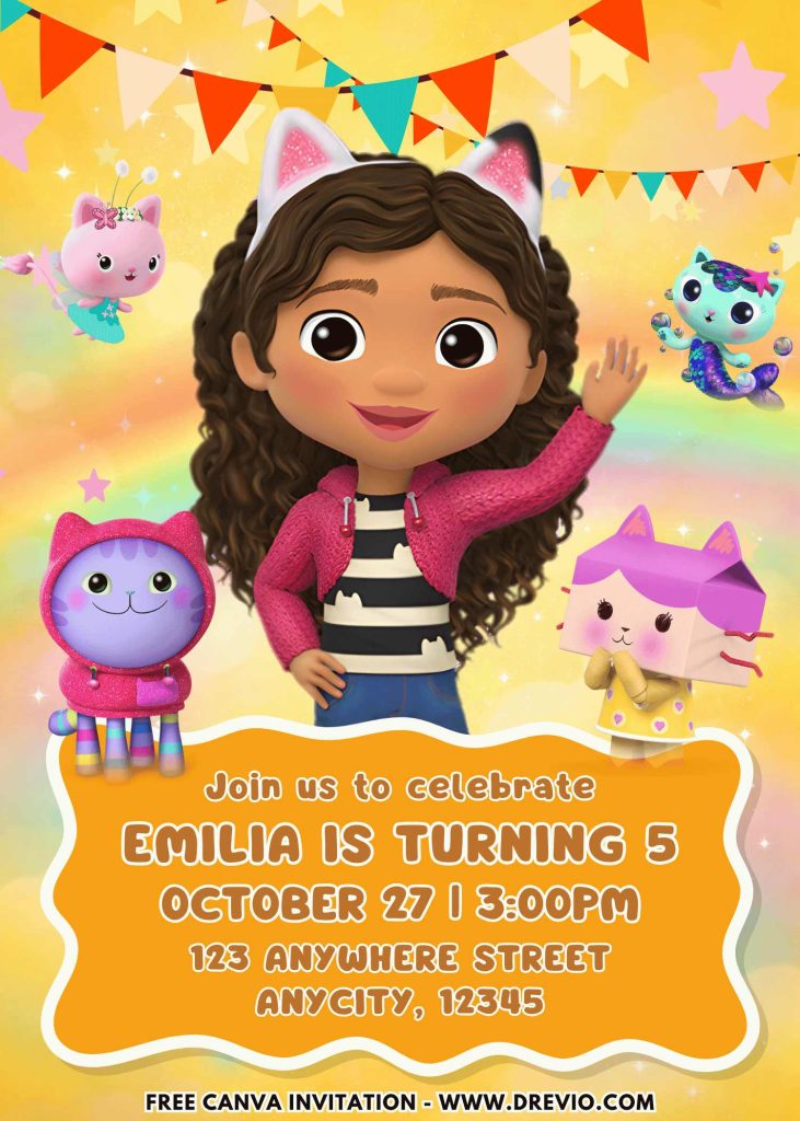 Free and Editable Gabby Dollhouse Movie Invitation Templates with Cat Rat, cute, DJ Catnip, Girls, Kids, Kitty Fairy and PandyPaws Made in Canva. Customize Online for free