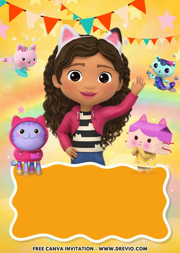 Free and Editable Gabby Dollhouse Movie Invitation Templates with Kitty Fairy and PandyPaws Made in Canva. Customize Online for free