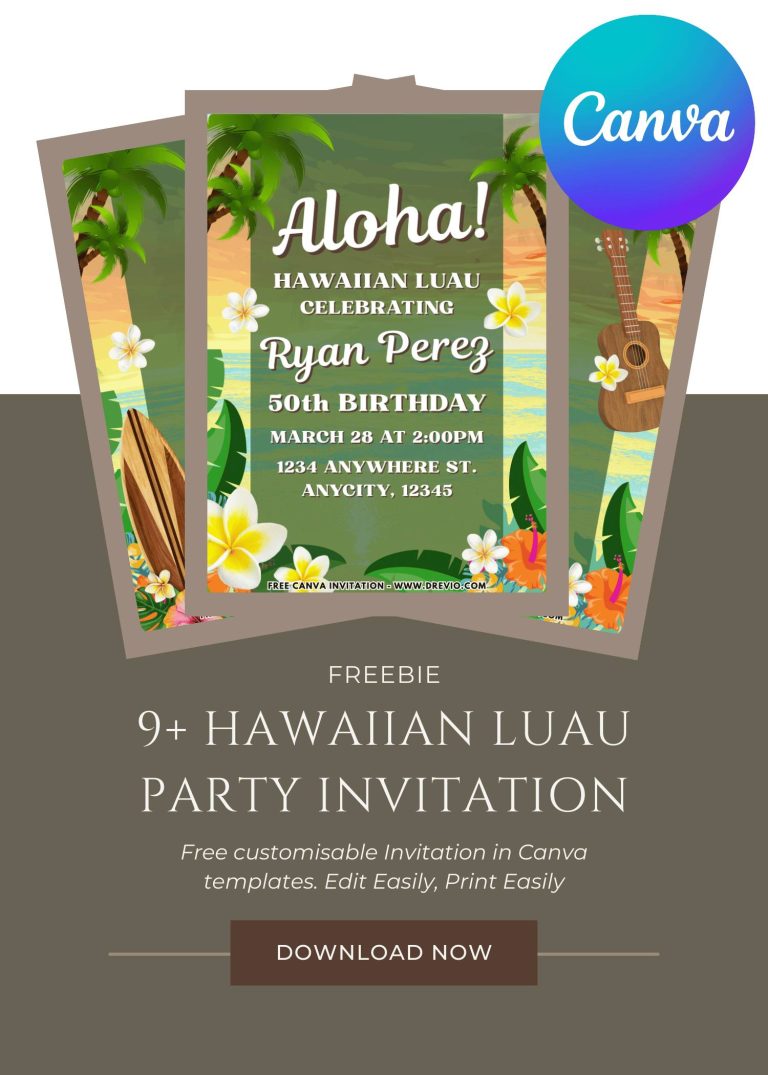 Free and Editable Aloha Hawaiian Luau 50th Birthday Invitation Templates Made in Canva. Customize Online for free