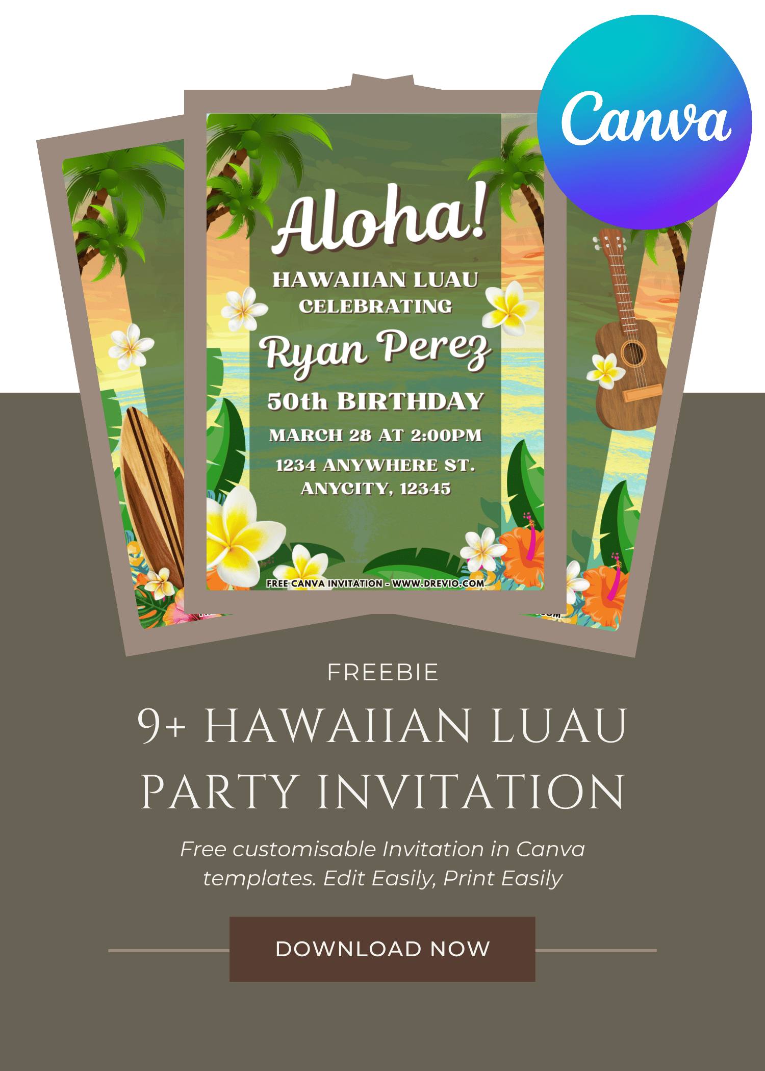 FREE Aloha Hawaiian Luau 50th Birthday Invitation Template