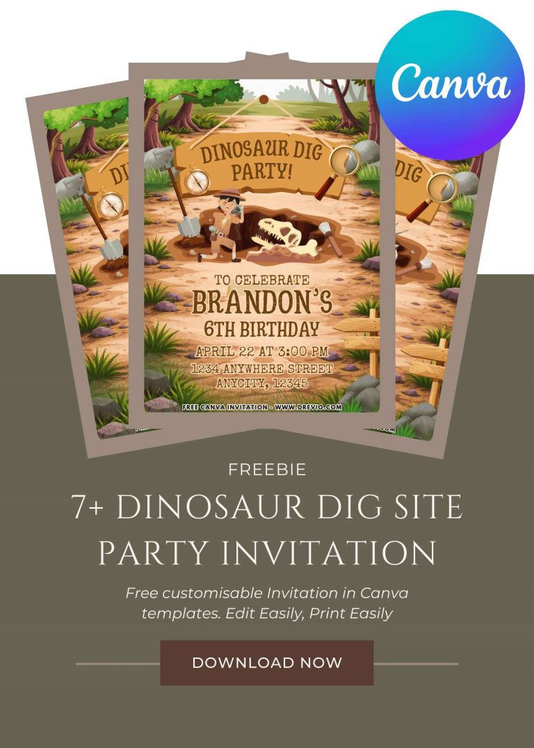 Free and Editable Dino Dig Site Party Invitation Templates Made in Canva. Customize Online for free
