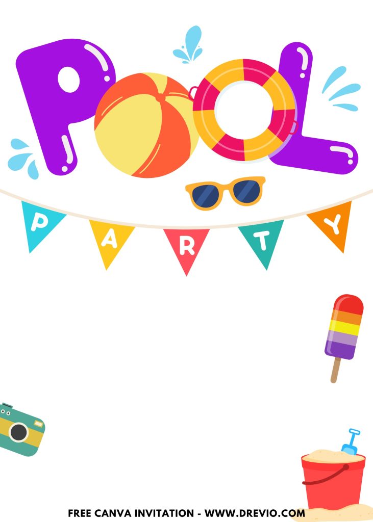 Free and Editable Colorful Ice Cream and Camera Summer Pool Party Invitation Templates Made in Canva. Customize Online for free