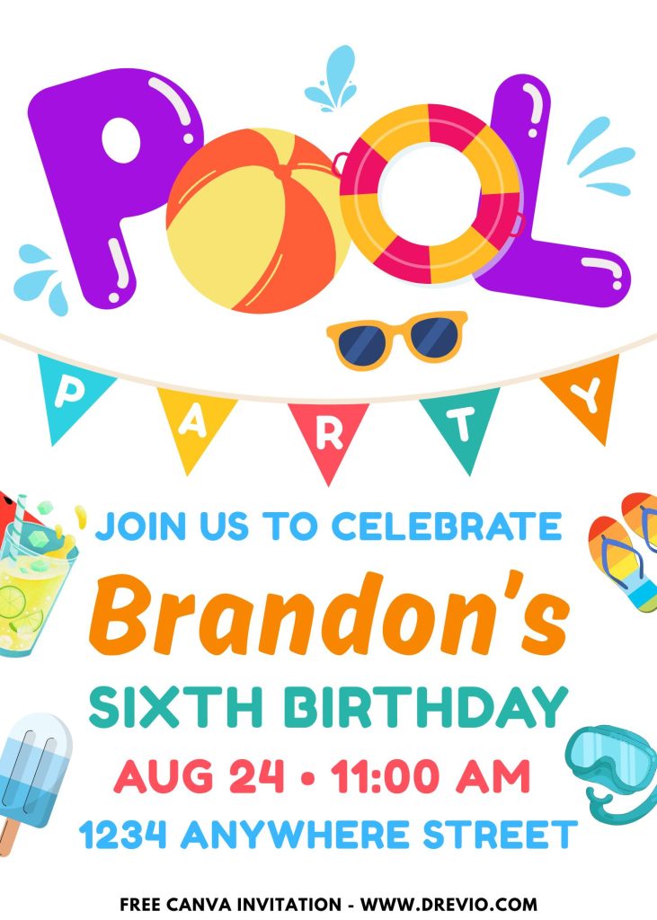 Free and Editable Fun Summer Pool Party Invitation Templates Made in Canva. Customize Online for free