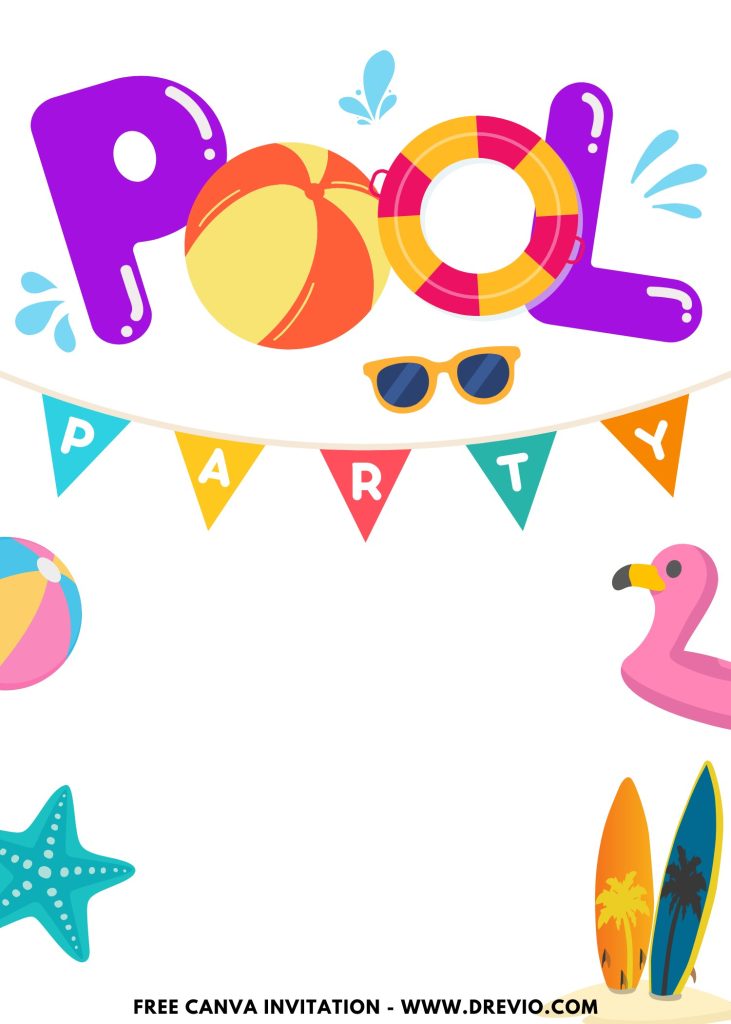 Free and Editable Pink Flamingo and Surf Boards Summer Pool Party Invitation Templates Made in Canva. Customize Online for free