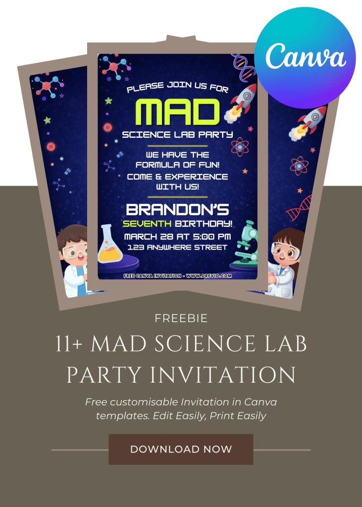 Free and Editable Cute Mad Science Lab Invitation Templates Made in Canva. Customize Online for free