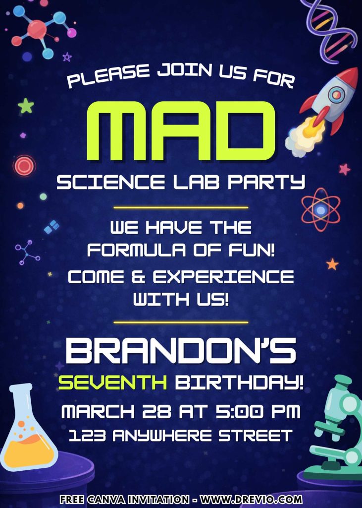 Free and Editable Mad Science Lab Invitation Templates Made in Canva. Customize Online for free