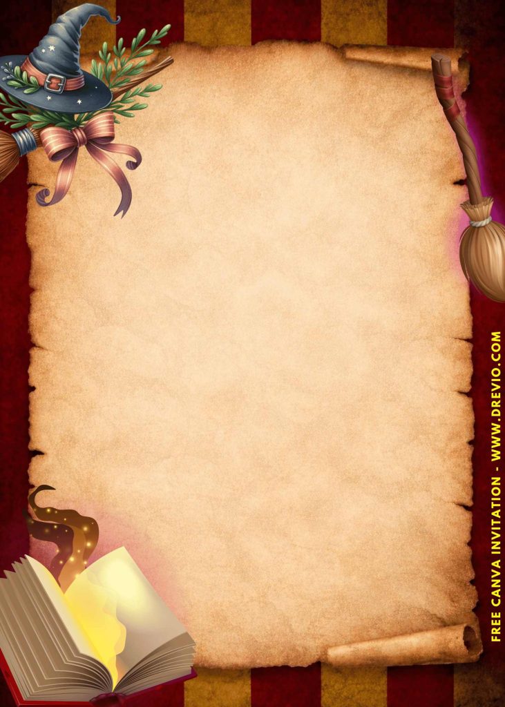Free and Editable Fun Magical Wizard School Party with Magic Spellbook Invitation Templates Made in Canva. Customize Online for free