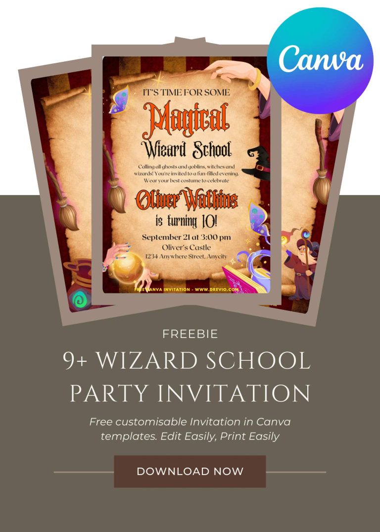 Free and Editable Cute Magical Wizard School Party Invitation Templates Made in Canva. Customize Online for free