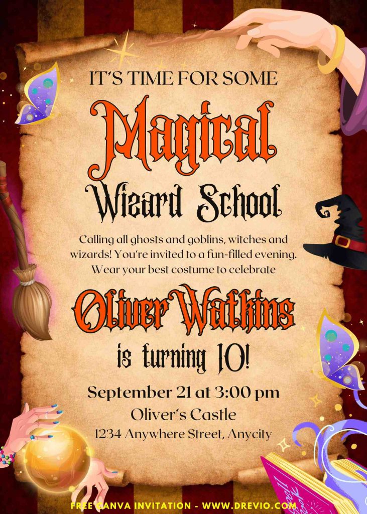 Free and Editable Magical Wizard School Party Invitation Templates Made in Canva. Customize Online for free
