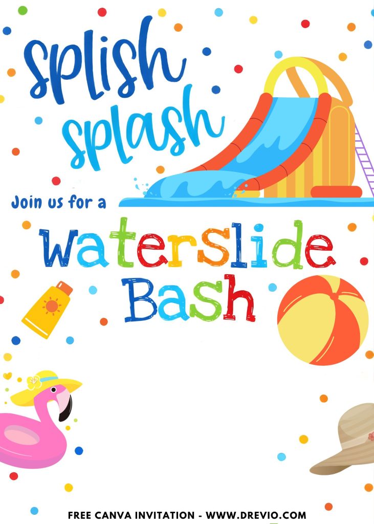 Free and Editable Adorable Summer Waterslide Invitation Templates Made in Canva. Customize Online for free