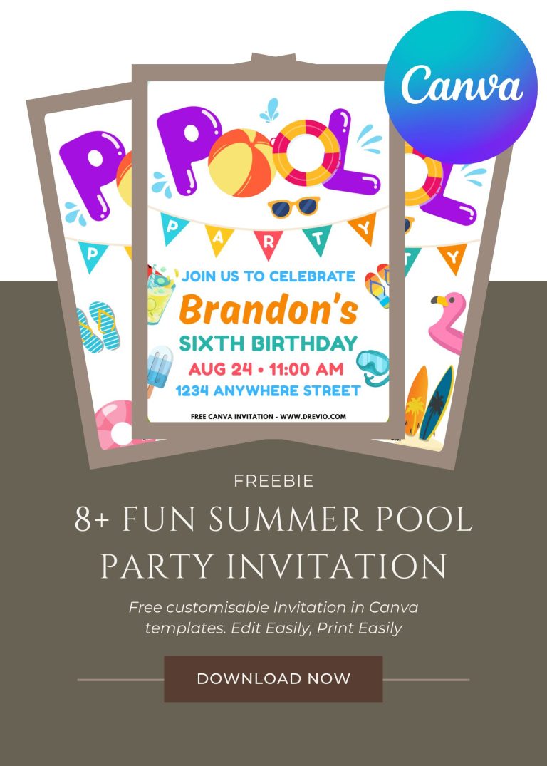 Free and Editable Fun Splashing Pool Party Invitation Templates Made in Canva. Customize Online for free