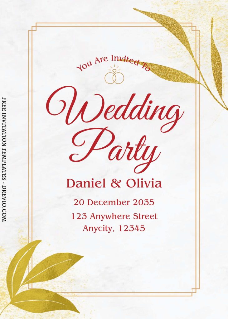 printable gold leaf wedding invitation canva design