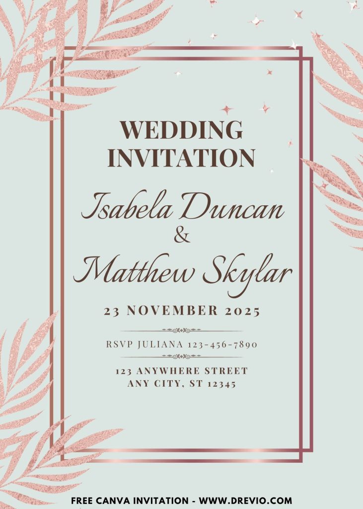 printable rose gold greenery wedding invite canva template 1