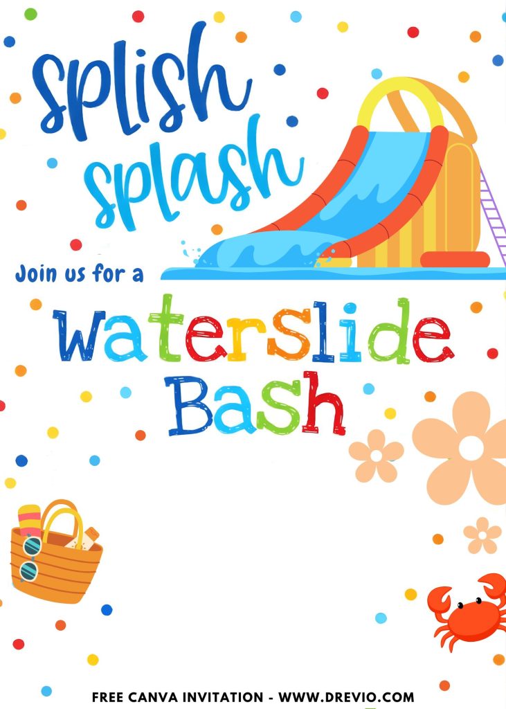 Free and Editable Colorful Polka Dot Summer Waterslide Invitation Templates Made in Canva. Customize Online for free