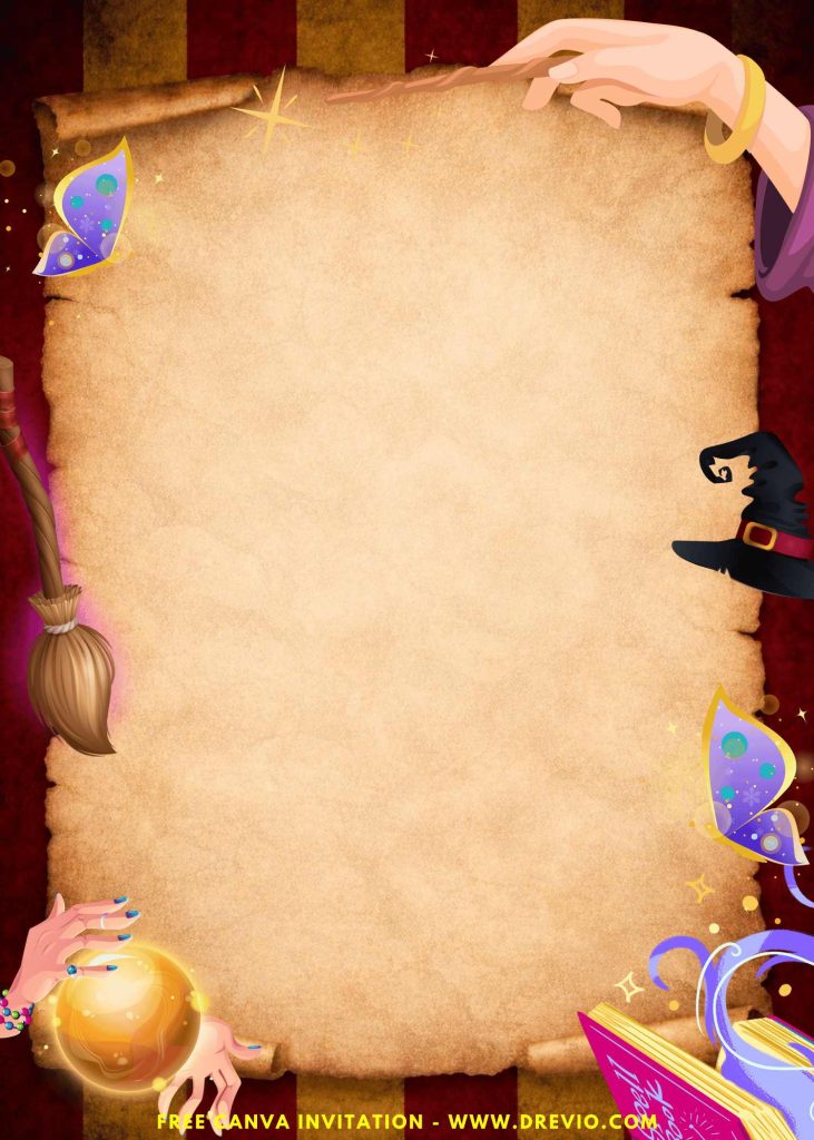 Free and Editable Magical Wizard Witch Hat Party Invitation Templates Made in Canva. Customize Online for free