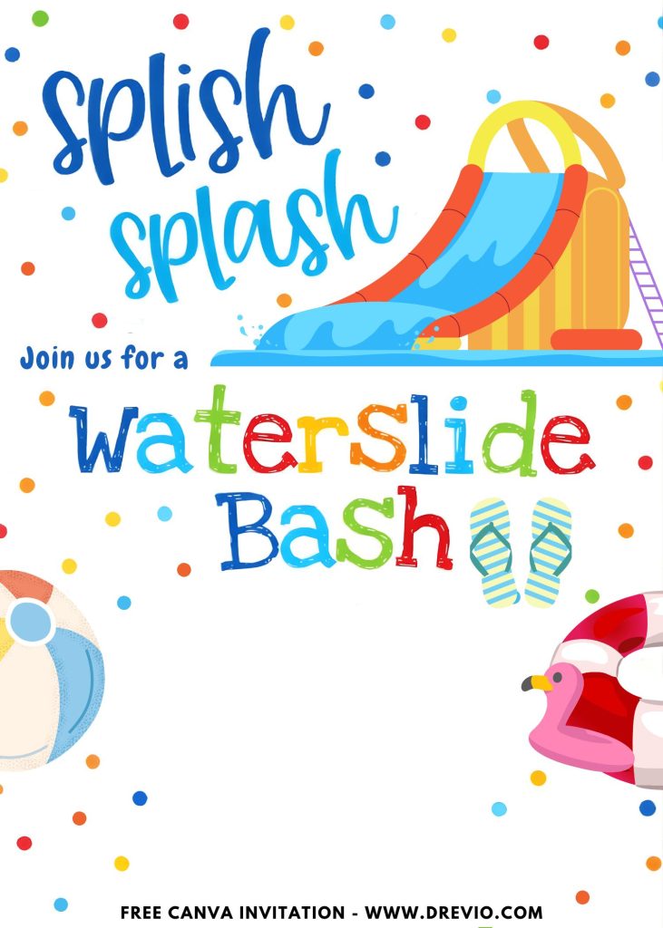 Free and Editable Beach ball and Pool Ring Summer Waterslide Invitation Templates Made in Canva. Customize Online for free