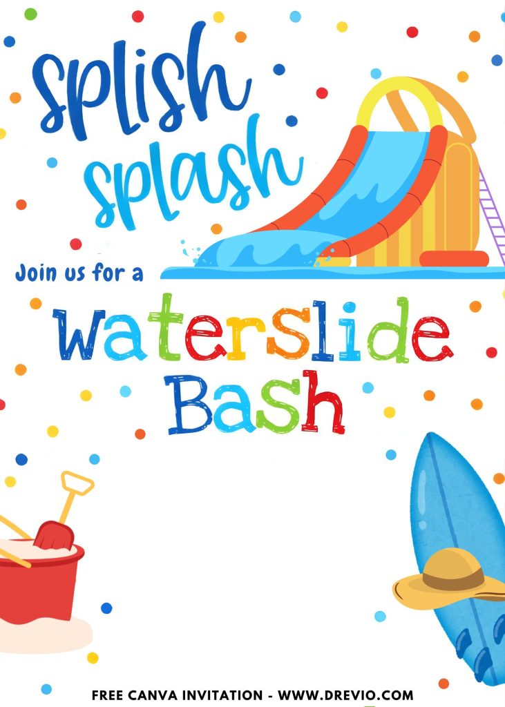 Free and Editable Surf Boards and Coconut Drink Summer Waterslide Invitation Templates Made in Canva. Customize Online for free