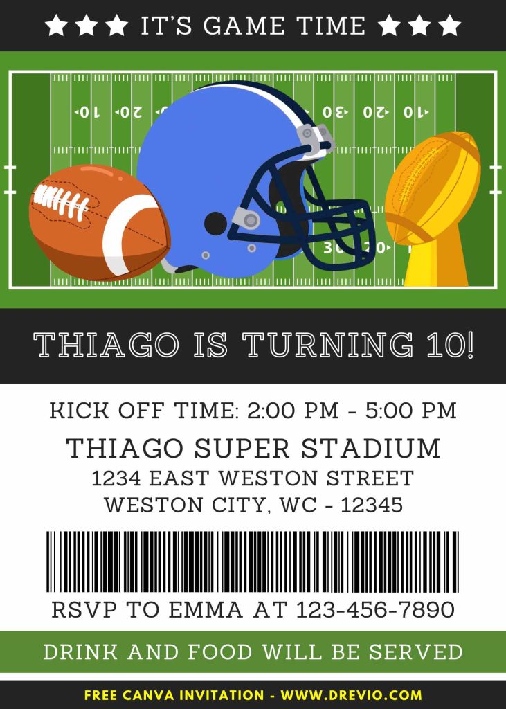 Free and Editable Super Bowl NFL Ticket Style Kids Birthday Invitation Templates Made in Canva. Customize Online for free