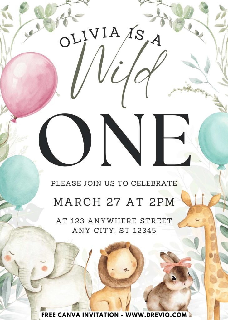 Free and Editable Whimsical Wild One Greenery 1st Birthday Invitation Templates Made in Canva. Customize Online for free