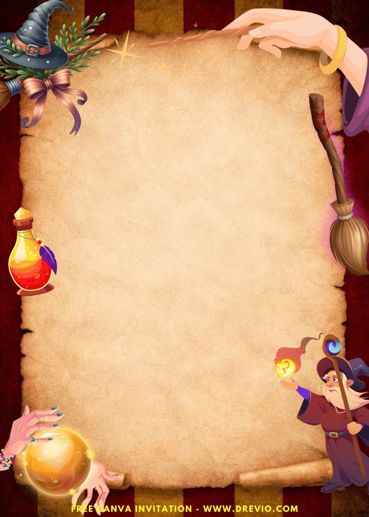 Free and Editable Magical Wizard School Party with Witch broom stick Invitation Templates Made in Canva. Customize Online for free