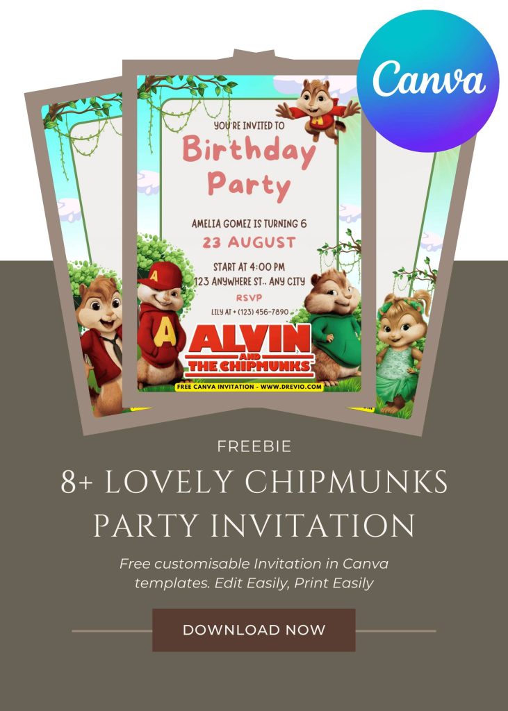 Free and Editable Forest Alvin and The Chipmunks Invitation Templates Made in Canva. Customize Online for free