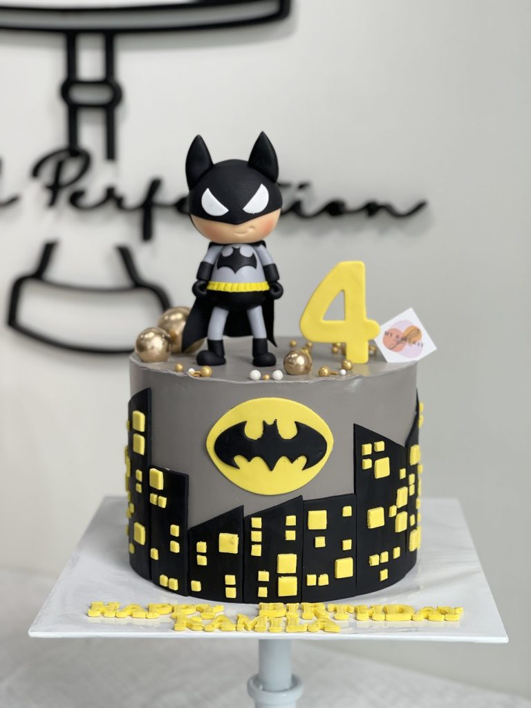 Batman Fondant Birthday Cake with Fondant Gotham City Skyline, Bat Signla and Batman Figurine