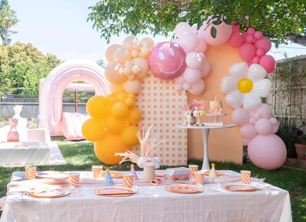 Backyard Retro Hippie Birthday Party with adorable and beautiful Daisy Flower shaped balloon cluster