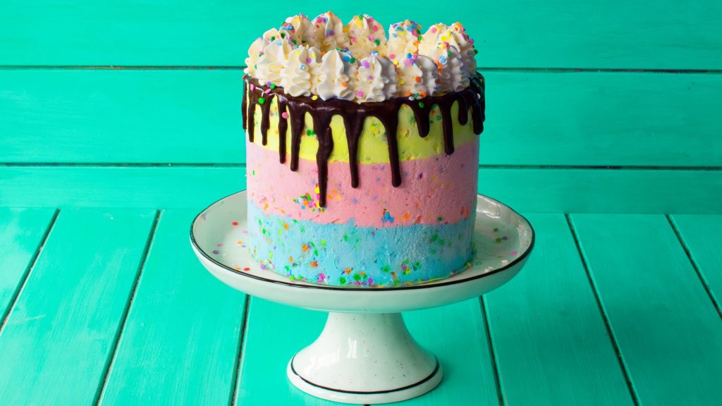 Ice Cream Birthday Cake with dripping chocolate icing and colorful swirls