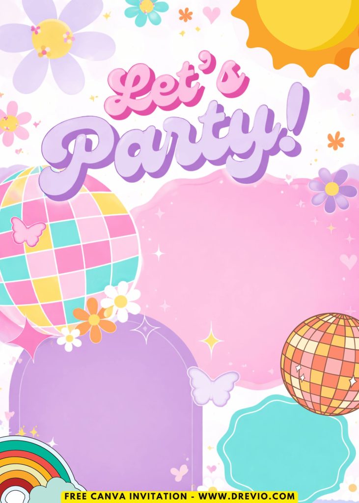 Free and Editable Chic Groovy 70s Disco Invitation Templates Made in Canva. Customize Online for free