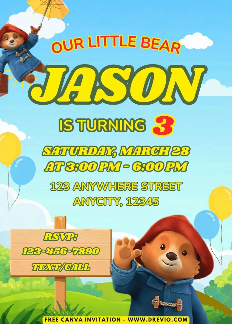 Free and Editable Paddington Bear Invitation Templates Made in Canva. Customize Online for free
