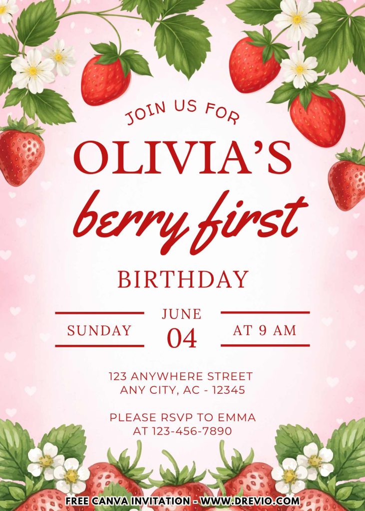 Free and Editable Watercolor Strawberry 1st Birthday Invitation Templates Made in Canva. Customize Online for free
