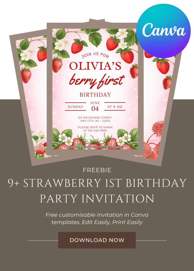 Free and Editable Strawberry 1st Birthday Invitation Templates Made in Canva. Customize Online for free