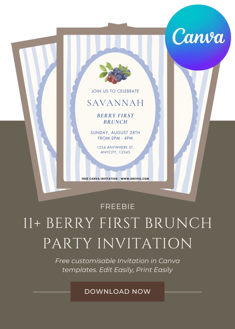Free and Editable Adorable Berry First Brunch Invitation Templates Made in Canva. Customize Online for free