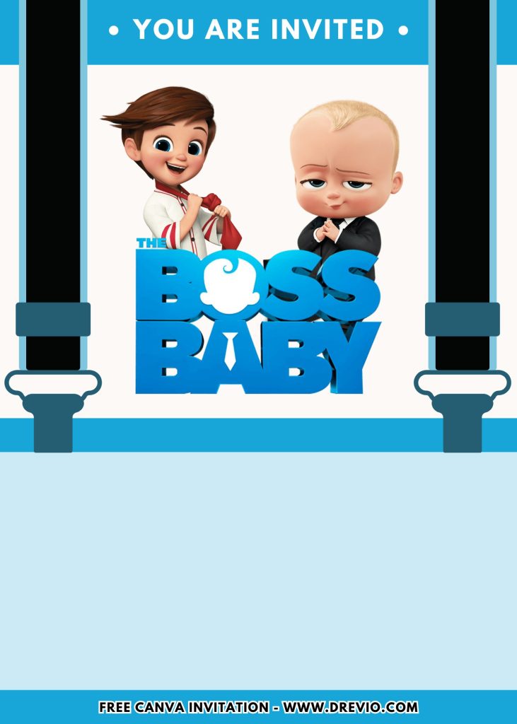 Free and Editable Boss Baby Suspender Birthday Invitation Templates Made in Canva. Customize Online for free