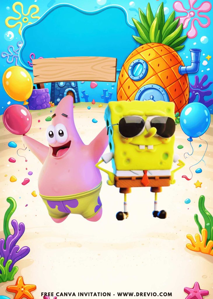 Free and Editable Playful Patrick and SpongeBob Birthday Cutes Invitation Templates Made in Canva. Customize Online for free