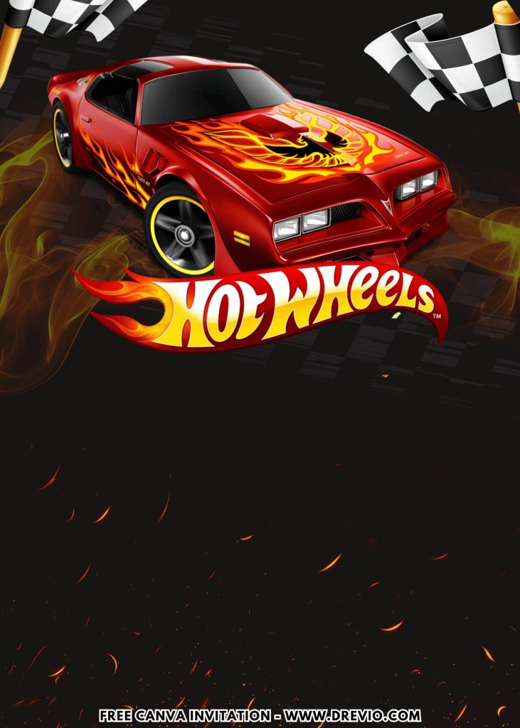 Free and Editable Fiery Background Hot Wheels Treasure Hunt Birthday Invitation Templates Made in Canva. Customize Online for free