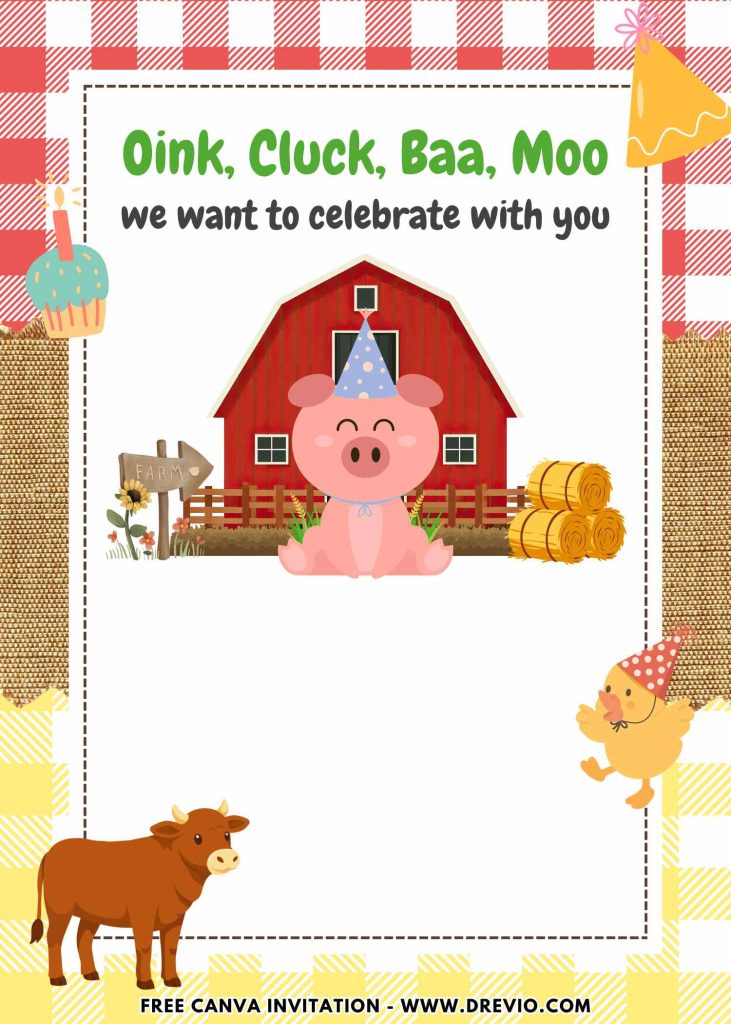 Free and Editable Baby Pig Barnyard Farm Birthday Invitation Templates Made in Canva. Customize Online for free