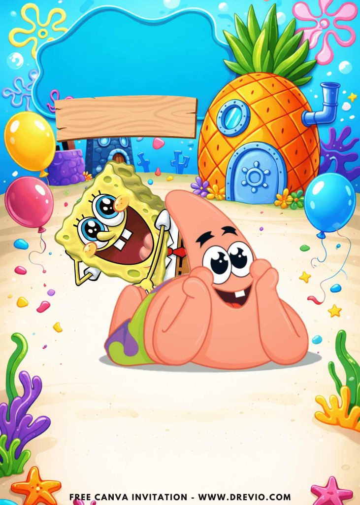 Free and Editable Happy Patrick and SpongeBob Birthday Cutes Invitation Templates Made in Canva. Customize Online for free