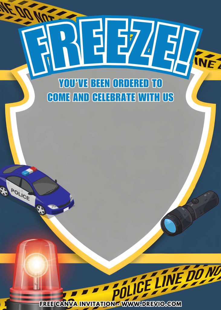 Free and Editable Police Siren and Flashlight Birthday Birthday Invitation Templates Made in Canva. Customize Online for free