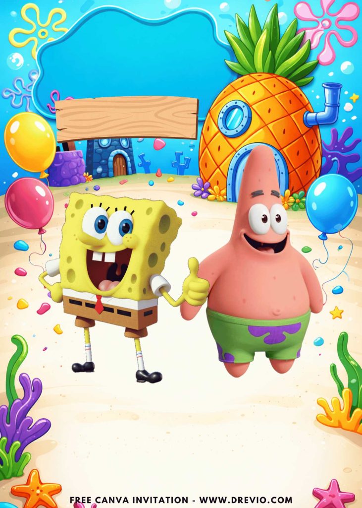 Free and Editable Under the Sea Patrick SpongeBob Birthday Cutes Invitation Templates Made in Canva. Customize Online for free