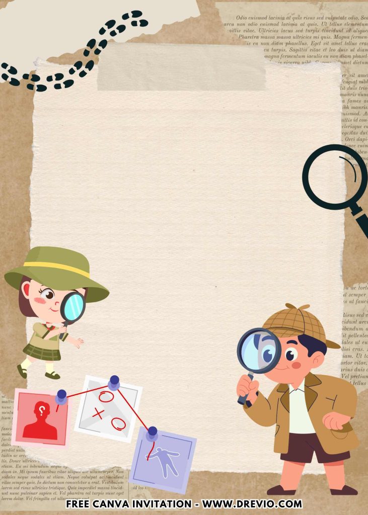 Free and Editable Fun Little Detective Mystery Invitation Templates Made in Canva. Customize Online for free