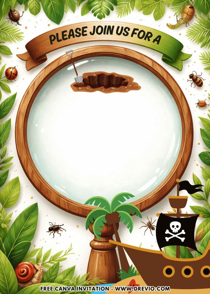 Free and Editable Pirate Ship Backyard Treasure Hunt Invitation Templates Made in Canva. Customize Online for free