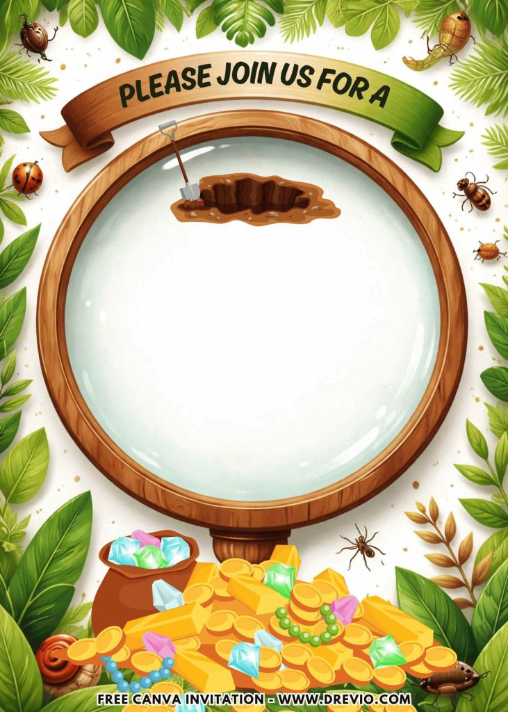 Free and Editable Backyard Treasure Chest and Gold Coin Hunt Invitation Templates Made in Canva. Customize Online for free