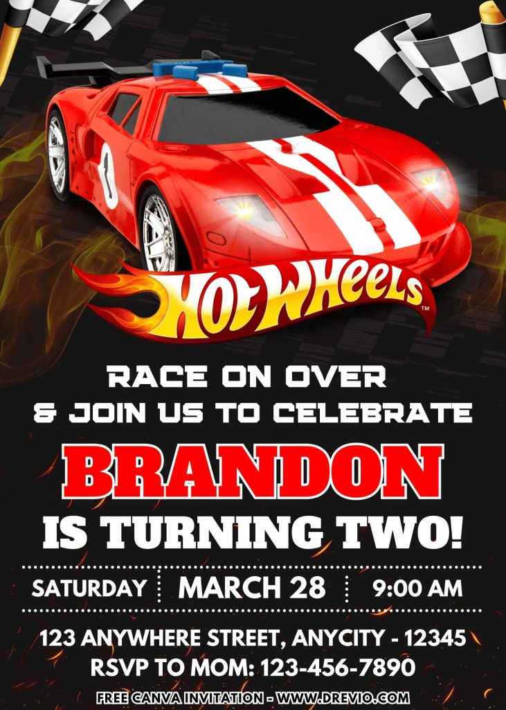 Free and Editable Hot Wheels Treasure Hunt Birthday Invitation Templates Made in Canva. Customize Online for free