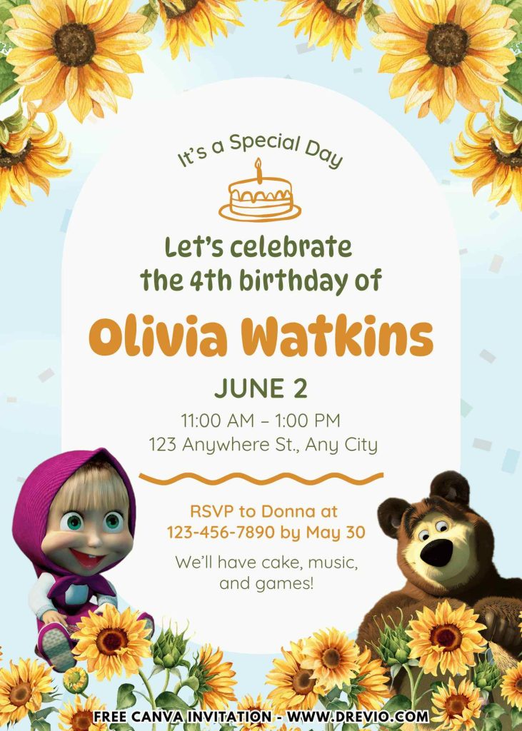 Free and Editable Adorable Masha And Bear Invitation Templates Made in Canva. Customize Online for free